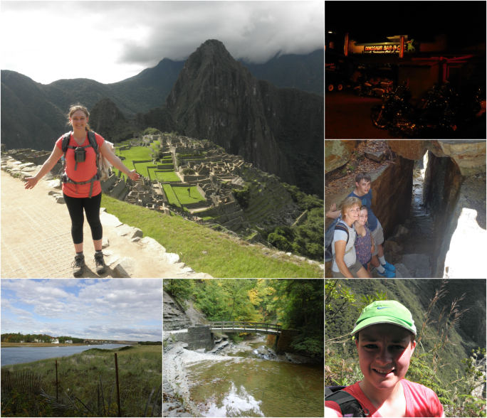 Clockwise from top left: me at Machu Picchu, Dinosaur BBQ in Rochester, Ice Caves, Peru (Inca Trail), Stony Brook State Park, Maine