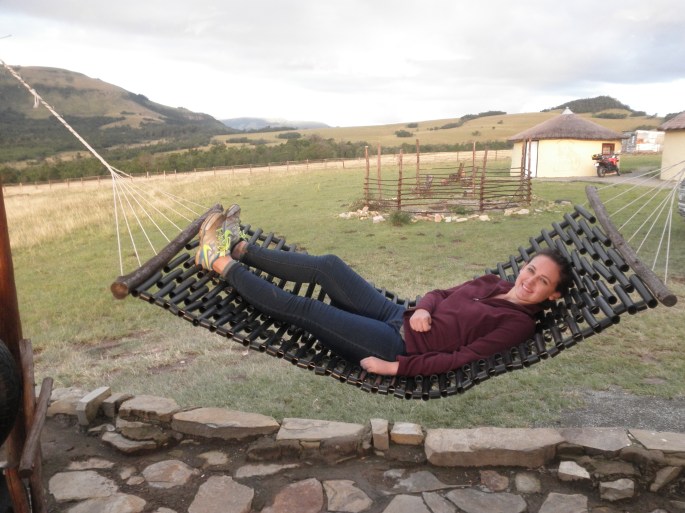 My sister relaxing on the "porch" of Elundini Backpackers