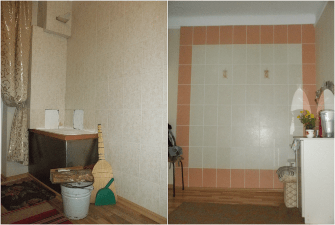 On the left is the wall in the hallway where the wood or corn cobs are loaded into the stove; on the right is the wall that the heat is channeled into to provide heat to my bedroom.